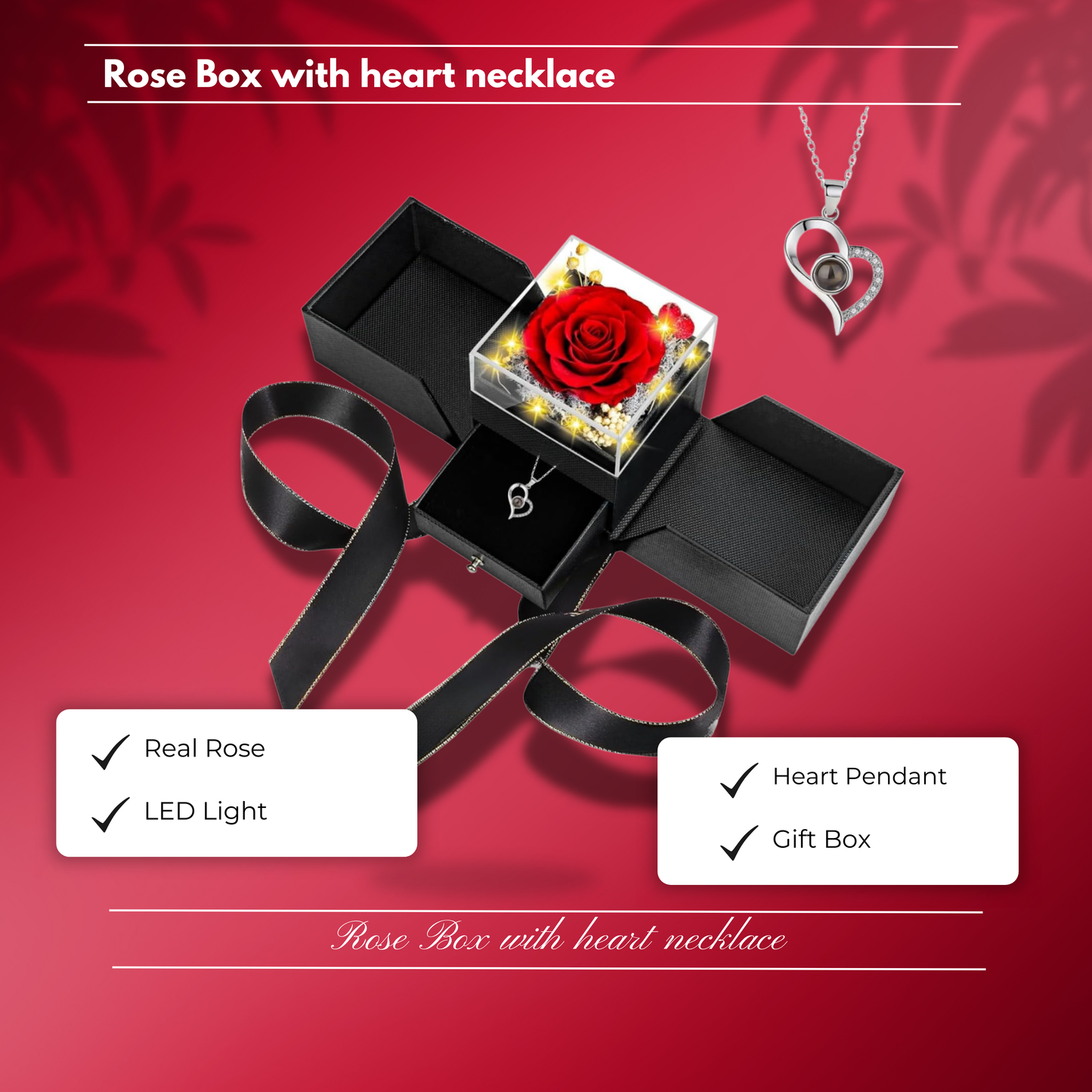 Preserved Real Red Rose With Necklace Preserved Roses in Heart Box – Forever Rose Gift for Mother’s Day, Valentine’s, Birthday & Anniversary