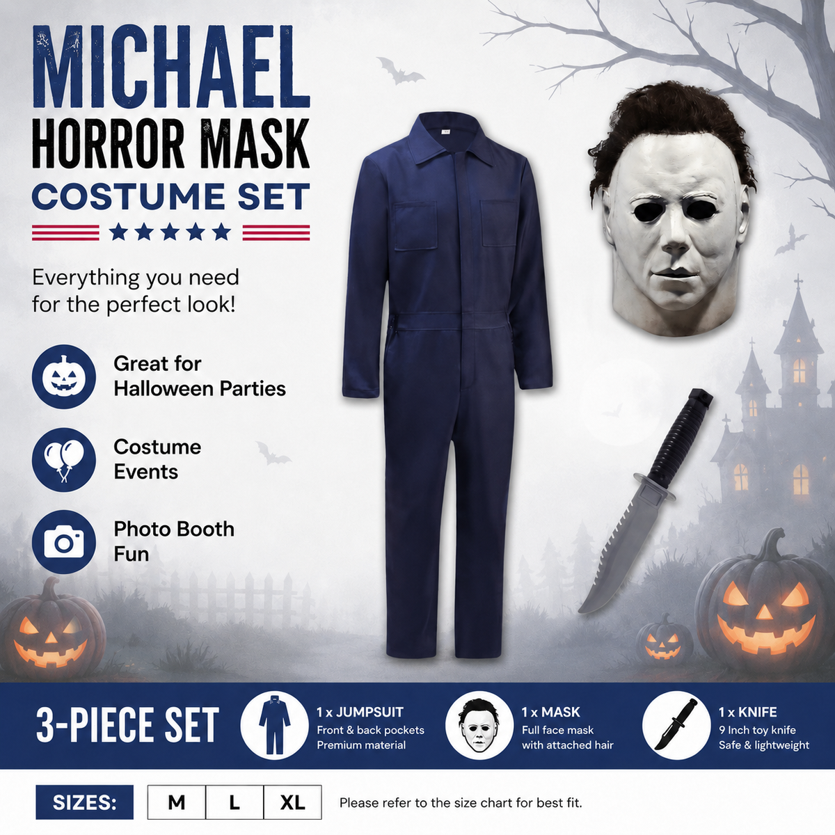 Michael Horror Adult Halloween Jumpsuit Costume with Mask and Knife
