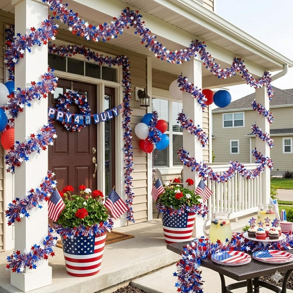 Festive Find Store Patriotic Metallic Tinsel Garland - 50 Ft