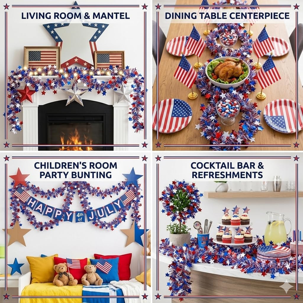 Festive Find Store Patriotic Metallic Tinsel Garland - 50 Ft