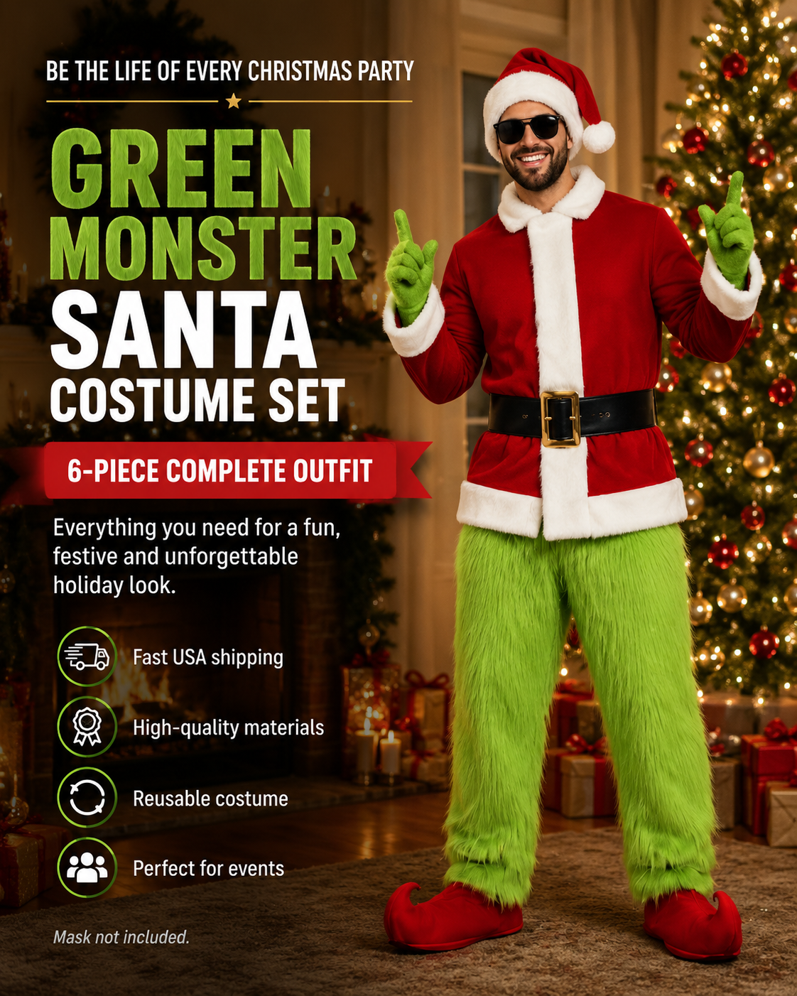 Christmas The Green Monster Complete Costume Santa Claus Costume Adult