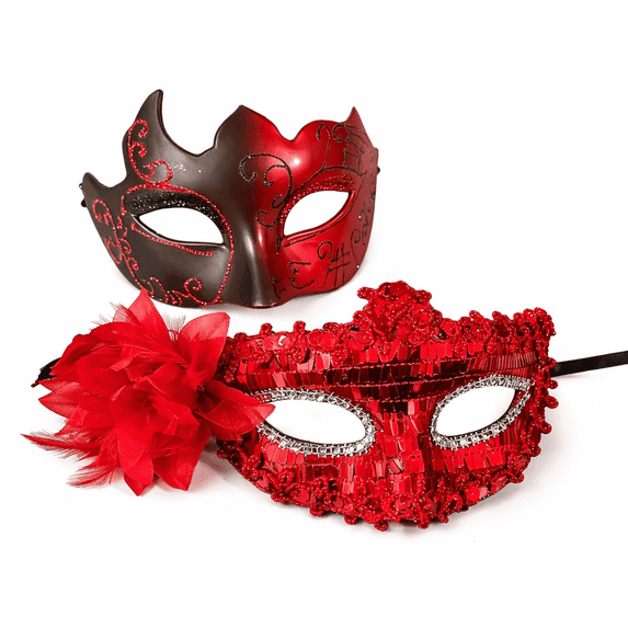 Red his and hers masquerade mask set