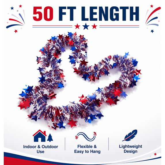 Festive Find Store Patriotic Metallic Tinsel Garland - 50 Ft