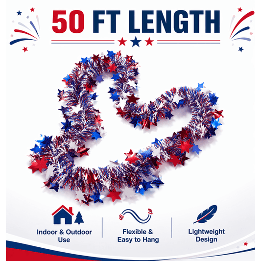 Festive Find Store Patriotic Metallic Tinsel Garland - 50 Ft