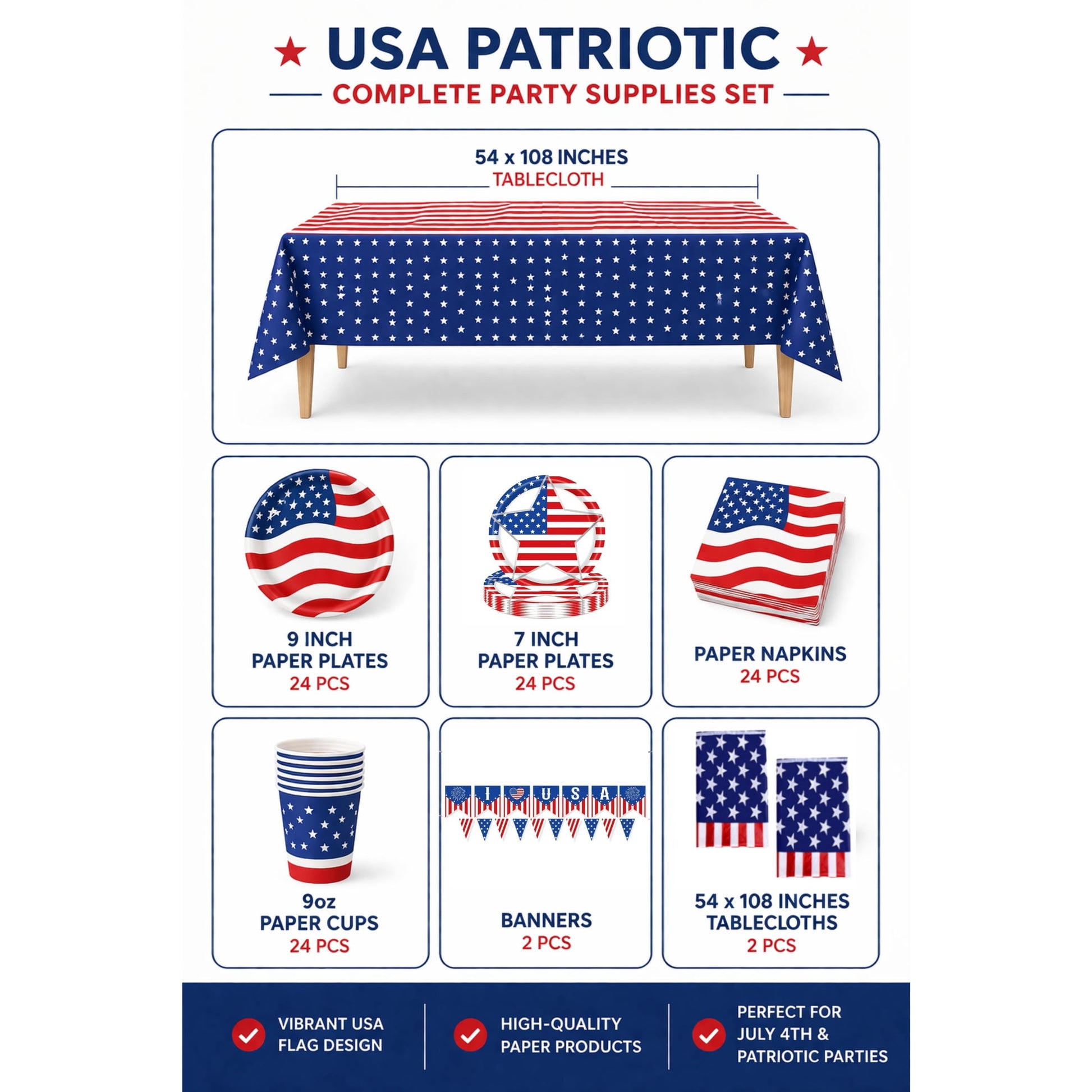 Patriotic Party Supplies Set for 24 Guests - 100 Pieces image 4