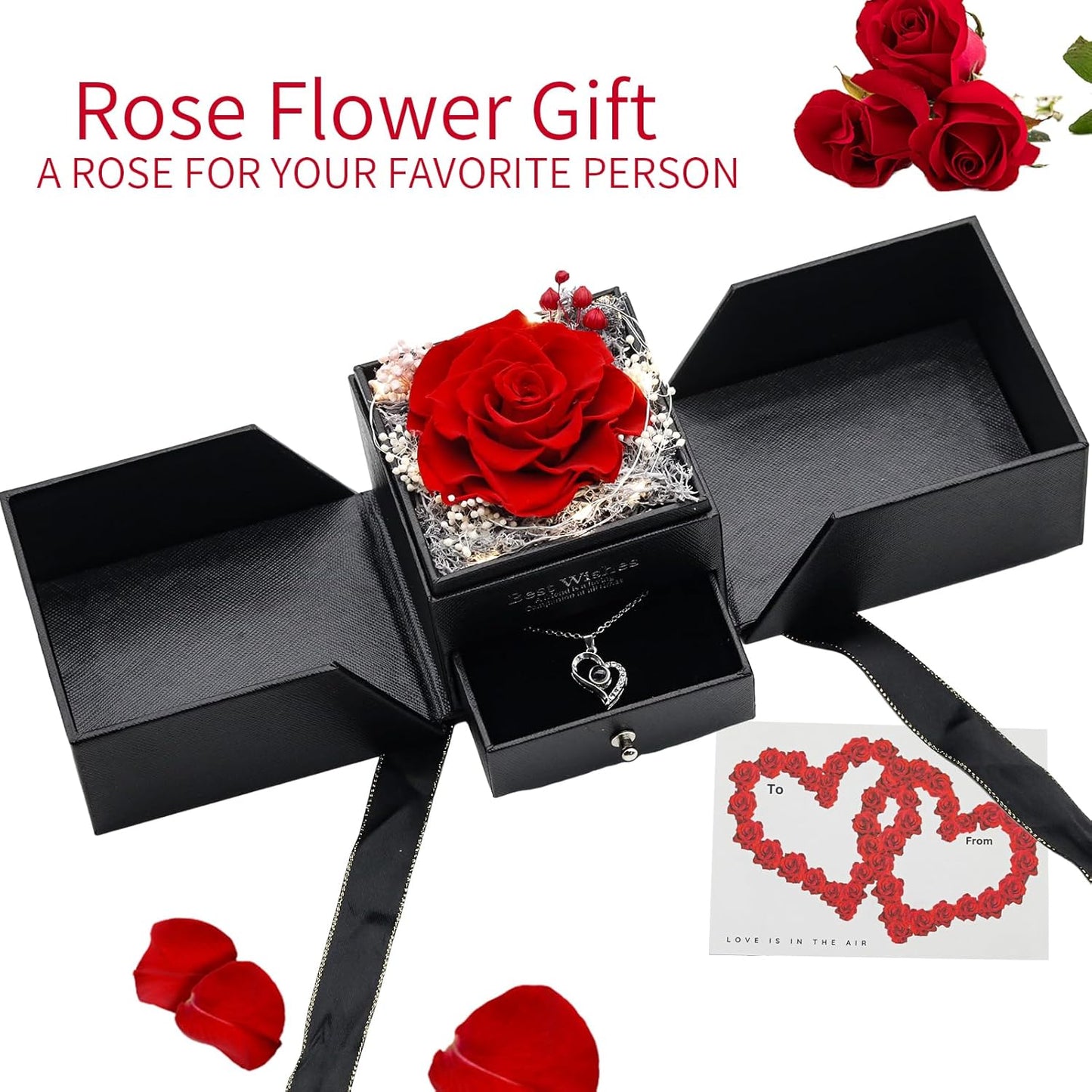 Preserved Real Red Rose With Necklace Preserved Roses in Heart Box – Forever Rose Gift for Mother’s Day, Valentine’s, Birthday & Anniversary