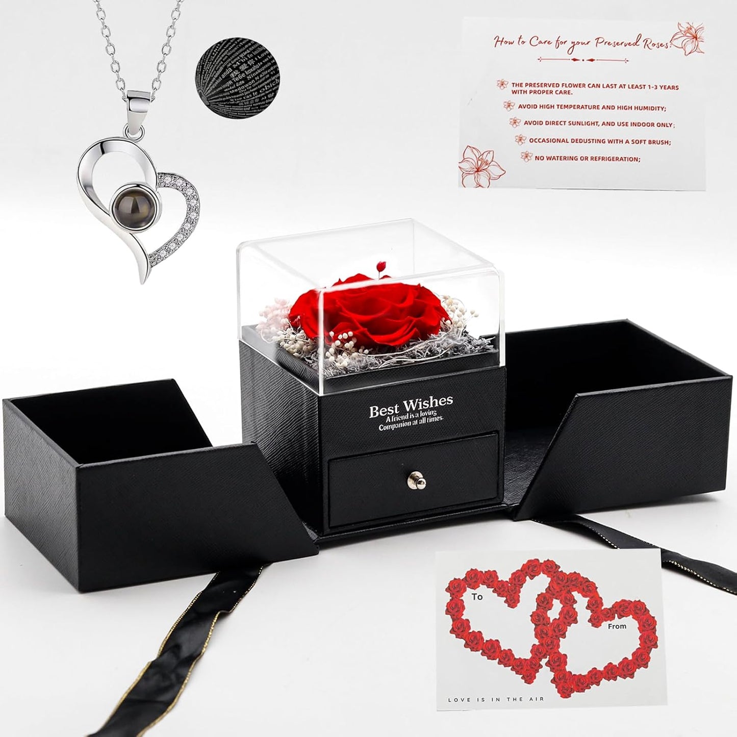 Preserved Real Red Rose With Necklace Preserved Roses in Heart Box – Forever Rose Gift for Mother’s Day, Valentine’s, Birthday & Anniversary